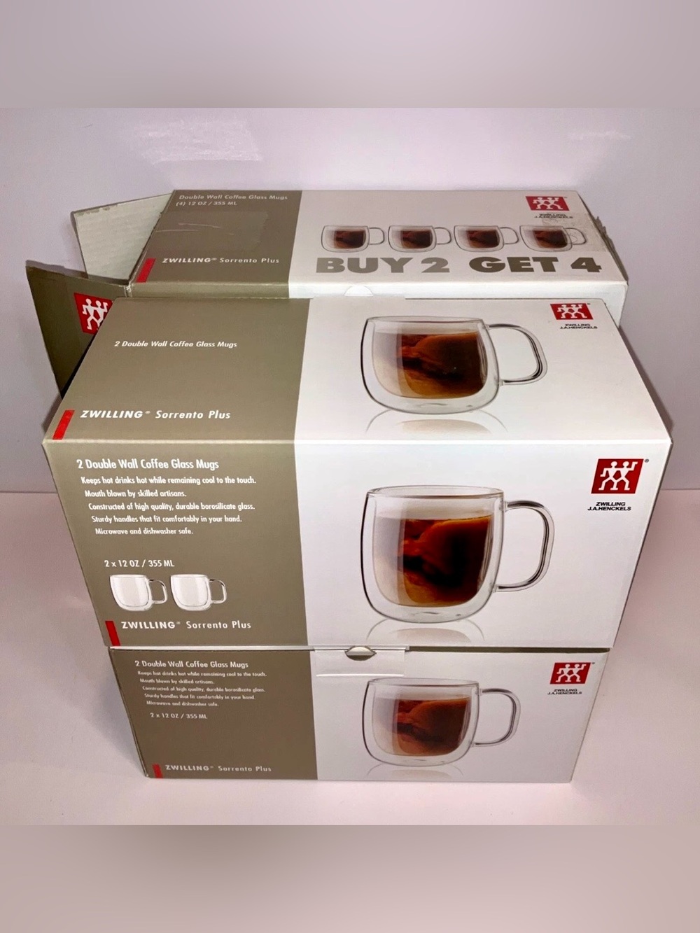 ZWILLING Sorrento Plus 12-oz Double Wall Glass Mugs 4-Piece Set NIB